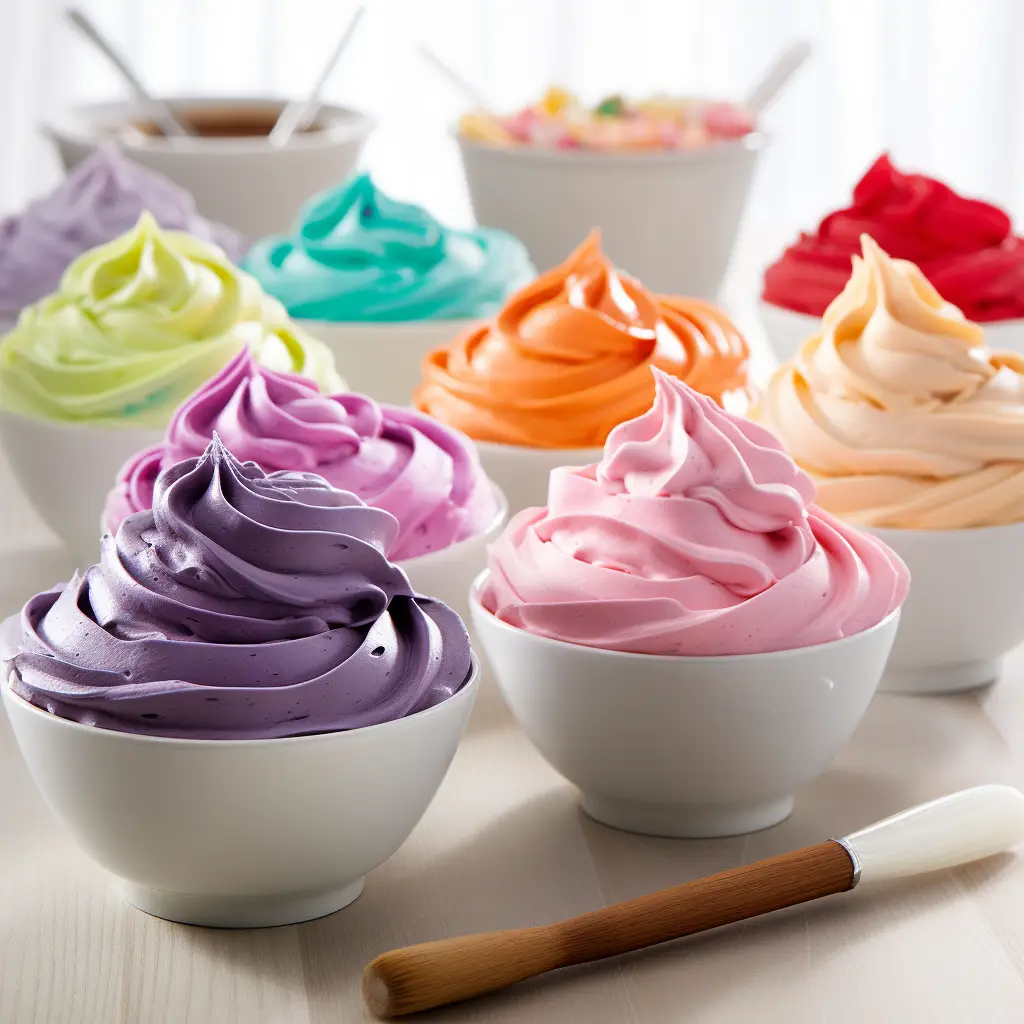 rainbow colored buttercream frosting ready to top cupcakes