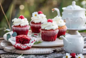 Red velvet cupcakes with vanilla cream cheese frosting